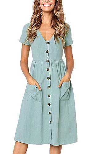 Summer Dresses for Women Casual Midi Dress Short Sleeve Shirt Dress V Neck Button Decoration Swing A Line Tunic Dress with Pockets