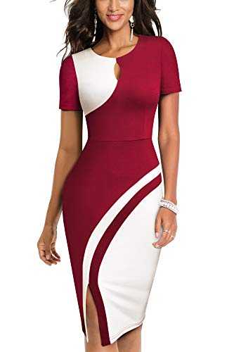 HOMEYEE Women's Vintage Hollow Out Contrast Color Stretch Business Dress B571 (UK 14 = Size XL, Dark Red)