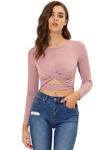 Allegra K Women's Saint Patrick's Day Glitter Tops Twist Long Sleeve Cut Out Front Slim Fitted Crop Top