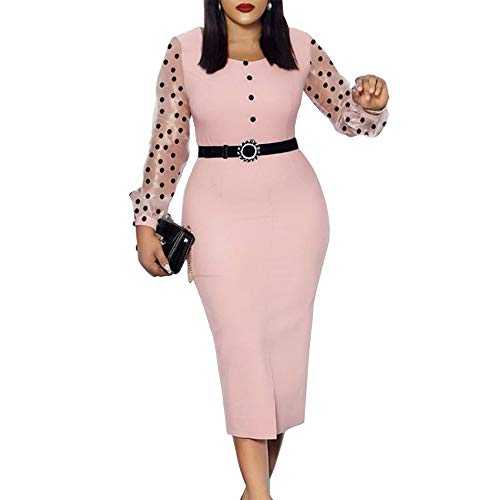 nuoshang Women's Pink Crewneck Patchwork Polka Dot Mesh Sleeve Elegant Office Ladies Dress (XL)