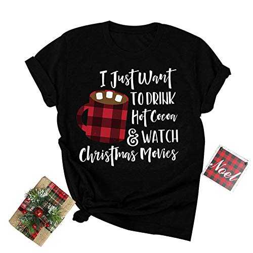 Christmas Coffee Graphic T-Shirt Women Funny Cute Cocoa Top Movie Watching Crewneck Short/Long Sleeve Tee Shirt
