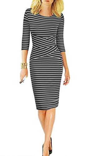 REPHYLLIS Women 3/4 Sleeve Striped Wear to Work Business Cocktail Pencil Dress S Black
