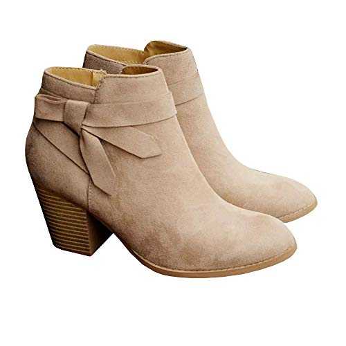 PiePieBuy Womens Tie Knot Chelsea Pump Ankle Boots Closed Toe Stacked Heel Booties Shoes