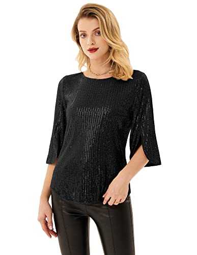 GRACE KARIN Women Shimmer Glitter Sequin Tops Crew Neck 3/4 Split Sleeves Sparkly Sequin Shirts for Party