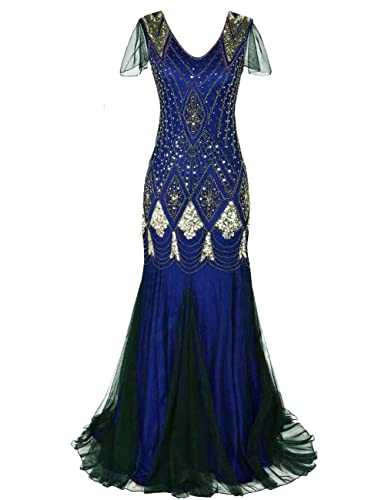aifuu Women 1920s Gatsby Flapper Dress Long Prom Gown Beaded Sequin Mermaid Hem Ball Evening Costume Plus Size GA80 Blue Gold