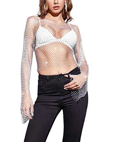 Felcia Women's Sexy Mesh Tops Solid Color Rhinestones Round Neck Long Sleeve See-Through Hollow Out Tops for Club Party