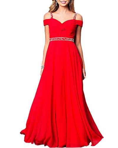 Roiii Women Ladies Evening Gowns Wedding Bridesmaids Long Dresses Chiffon Cold Shoulder Summer Party Maxi Dress (Red, 14-16)