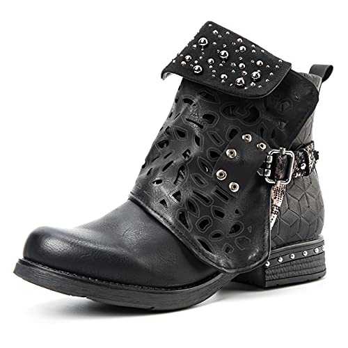 Black Studded Ankle Boots for Women Cowgirl Combat Boots Leather Low Heel Biker Shoes