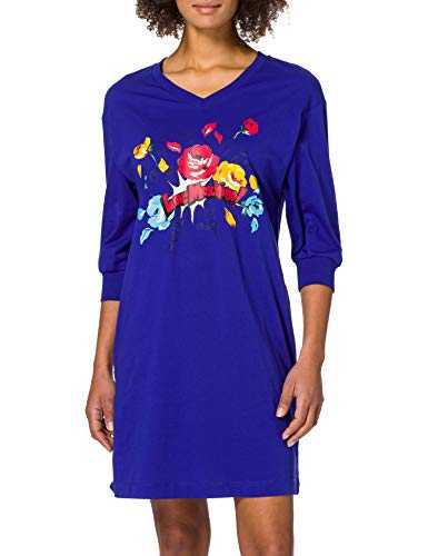 Love Moschino Women's Cotton Jersey Loose-fit Dress, with Elbow Sleeves Gathered at The Bottom_Multicolor Flowers Print and Logo. Casual, Blue, 22
