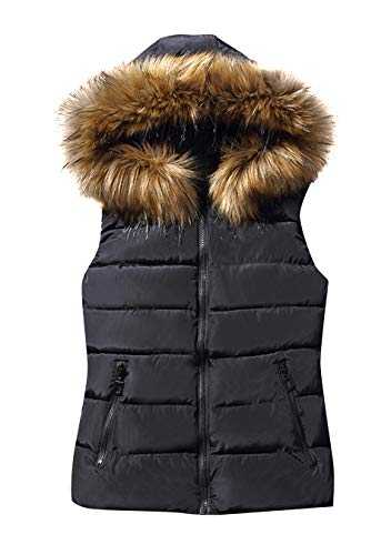 EFOFEI Womens Sleeveless Slim Winter Warm Fur Collar Hooded Vest Coat