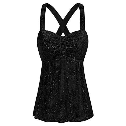 Belle Poque Women Vintage Sequined Tank Tops Sleeveless Ruched A-Line Party Club Camisole Vest