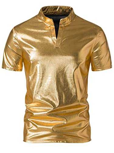Lars Amadeus Metallic T-Shirt for Men's Stand Collared Shiny Disco Party Short Sleeves Polo Tee