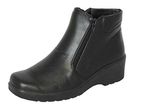 Cushion Walk Women's Black Low Wedge Ankle Boots with Double Zip Fastening & Non-Slip Sole - Sizes 3-8