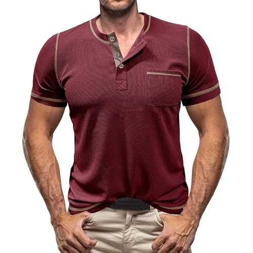 Men's Fashion Spring and Summer Casual Short Sleeve Button Round Neck Solid Color Short Sleeve T Shirt Top Men Tunic Tops Plus Size Personalised Tshirts for Men Graduation Gifts Promotion Clearance