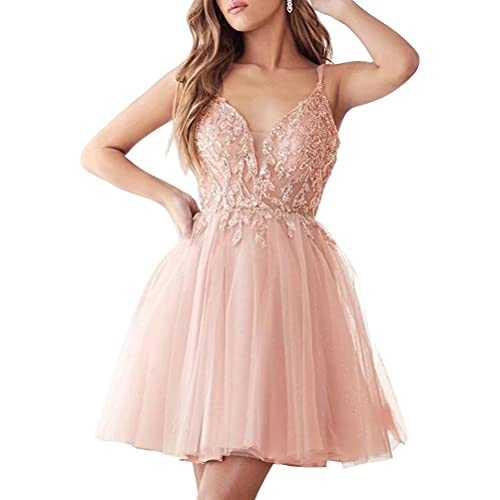 Lrhneeior Homecoming Dresses Short Sparkly Prom Dresses V Neck Beaded Tulle Ball Gowns for Teens