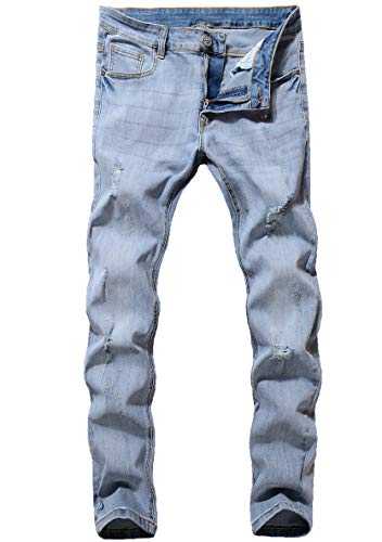 ZLZ Blue Black Ripped Distressed Jeans for Men Slim Fit, Men's Fashion Design Streetwear Destroyed Jeans Pants Stretch Fit