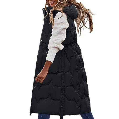 AMhomely Winter Jackets for Women UK Long Puffer Vest Jacket Sleveless Hoodies Full Zipper Sleeveless Down Coats Hooded Jackets Thickened Warm Windbreakers Winter Warm Gilet Coats Outerwear