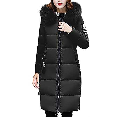 HAOLEI Women Coat Sale Clearance Plus Size Solid Outdoor Long Padded Parka Coat Jacket with Fur Hood Zip Up Plain Warm Pockets Mid Length Cotton Ladies Winter Padded Overcoat UK Size 8-16