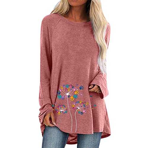 Womens Long Sleeve Tops Size 20-22 UK Womens Solid Color Casual Crew Neck Raglan Dandelion Printing Long Sleeve Tshirts Blouse Top Yoga Workout Gym Tops for Women UK Promotions