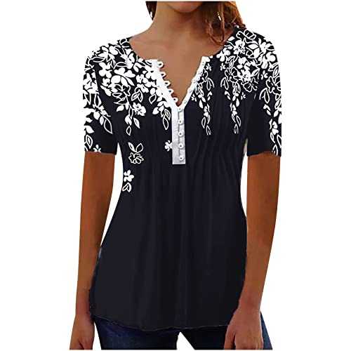 AMhomely Summer Tops for Women Short Sleeve T Shirts V Neck Button Down Shirts Vintage Floral Print Pleated Tshirts Loose Casual Blouses Elegant Tunic Shirts Dressy Ladies Henley T-Shirts