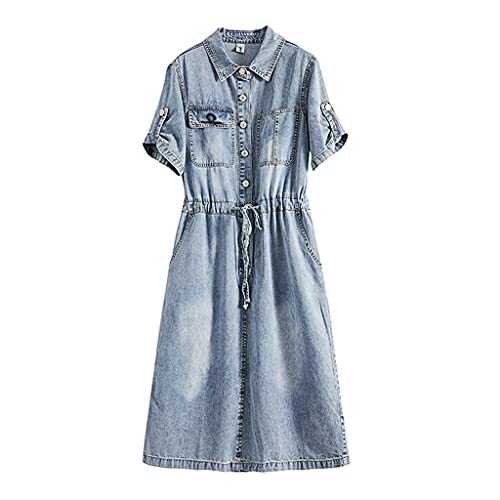 SLATIOM Summer Women's Light-colored Short-sleeved Denim Skirt Outer Wear Waist Long-sleeved Dress Korean Long (Color : Blue, Size : XL code)