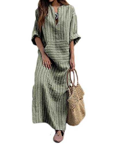 VONDA Women Maxi Dress 3/4 Sleeves Striped Boho Long Dress Baggy Cotton Kaftan Party Gown A-Green M