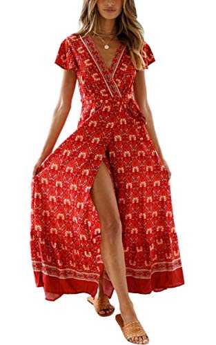 ECOWISH Women's Dresses Bohemian Wrap V Neck Short Sleeve Ethnic Style High Split Beach Maxi Dress Wine Red XL