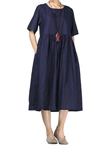 FTCayanz Women's Linen Summer Dresses Round Collar Short Sleeve Midi Dress with Pockets Navy L