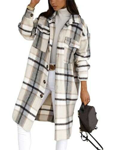 Mingzhu Womens Casual Long Plaid Flannel Shacket Button Down Wool Blend Shirt Jacket Trench Coat
