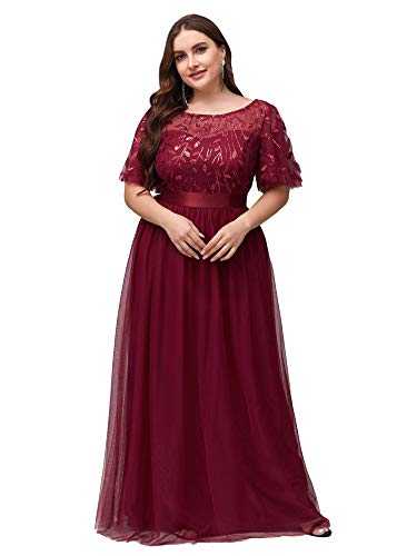 Ever-Pretty Women's Short Sleeve Empire Wiast A Line Long Tulle Elegant Plus Size Evening Dress Burgundy 18UK