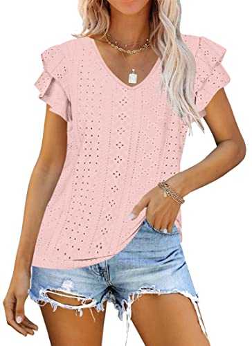 WNEEDU Womens Summer Tops Short Sleeve V Neck T-Shirts Blouse with Layered Ruffle Sleeves