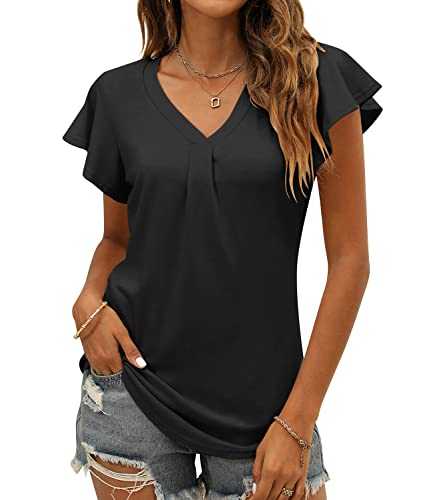 Women's Summer Tops Ruffle Sleeve V Neck Tunic Shirts Business Casual Flowy Blouses for Women