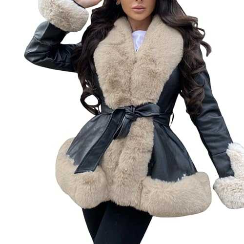 Barbotimer Women Belted Faux Leather Jacket Coat with Faux Fur Collar Short Parka Coat Open Front Fluffy Puffer Padded Winter Outerwear