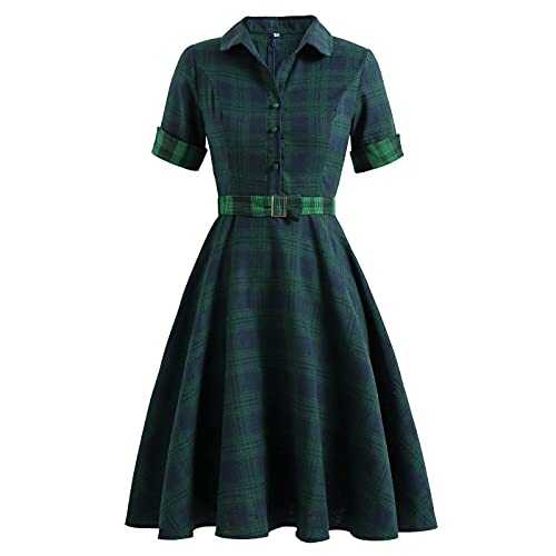Wellwits Women's Colorblock Belt Green Check Plaid Office Work Vintage Dress M