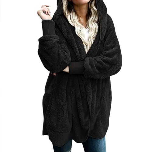 AMhomely Sherpa Hoodie Women Long Sleeve Teddy Fleece Trench Coat Bear Jacket Button Fluffy Pullover Faux Fur Cardigan Coats Winter Warm Loungewear Longline Outerwear