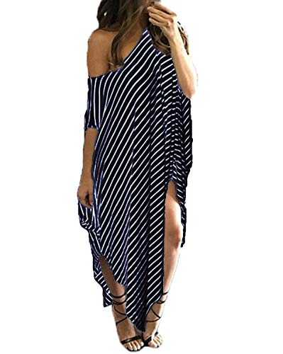 KIDSFORM Women's Maxi Dress Casual Loose Striped Long Dress Kaftan Side Split Sundress