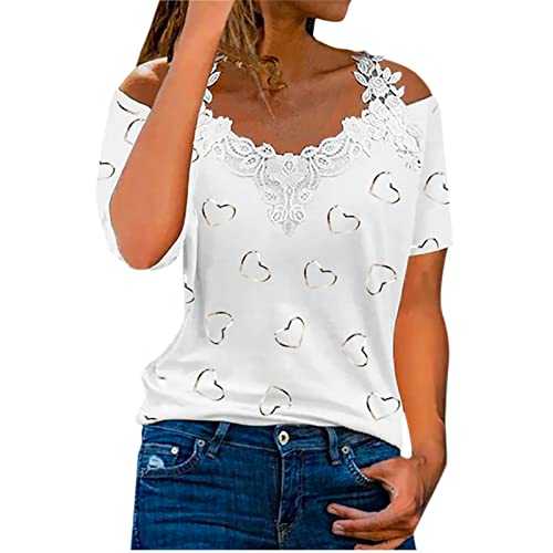 AMhomely Women Blouse Party Elegant Short/Long Sleeve Tops for Work UK Casual Off The Shoulder Lace Regular Fit Tops V-Neck Shirt Tops Business Office Top Ladies Loose Shirt Blouse for Spring/Summer