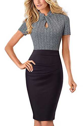 HOMEYEE Women's Vintage Stand Collar Short Sleeve Bodycon Business Pencil Dress B430 (UK 10 = Size M, Grey)