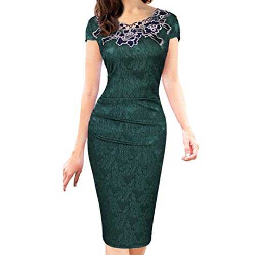 XIGUAK Womens Business Office Knee-Length Dress Elegant Print Rose Lace O-Neck Cap Sleeve Pencil Dress
