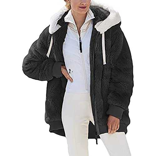 Fleece Jacket Women Zip Up Fuzzy Hooded Pullover For Ladies Oversize Fluffy Hoodie Coats Drawstring Solid Ladies Teddy Plush Cardigan Plus Size Thickened Plush Coats Casual Sherpa Overcoat