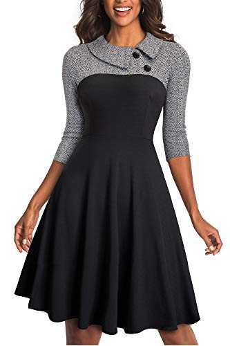 HOMEYEE Women's Vintage Lapel Colorblock Houndstooth Patchwork Swing Business Dress A121 (UK 16 = Size XXL, Grey Fabric B)