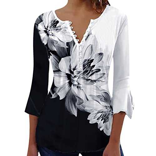 Womens 3/4 Sleeve Tops 2023 Pleated Front Ladies Chiffon Tops V Neck Swing T-Shirts Summer Tunic Blouse UK Sale Clearance Floral Tee Shirts