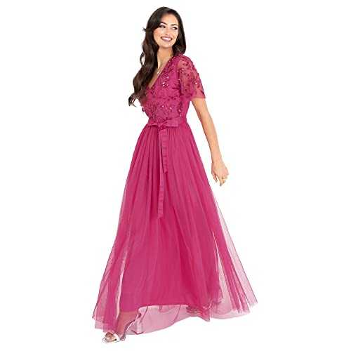 Maya Deluxe Women's Maxi Dress Ladies Ball Gown for Wedding Guest Embellished Tie Waist V Neck Bridesmaid Prom Evening Occasion