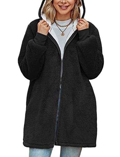 Xnova Women Oversized Hoodie Teddy Fleece Winter Coats Cardigan Full Zip Up Hooded Long Sleeve Warm Coat Sherpa Outwear with Pockets Ladies Fuzzy Solid Tops