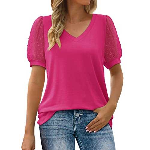 Womens Summer Tops V Neck T Shirts Swiss Dot Mesh Puff Sleeve Blouse Solid Loose Lightweight Casual Tshirts