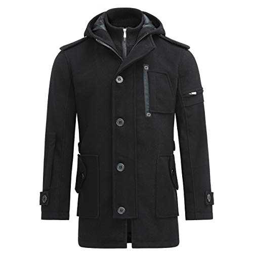 YOUTHUP Mens Hooded Wool Coats Regular Fit Winter Tweed Trench Coat Casual Outerwear Military Peacoats