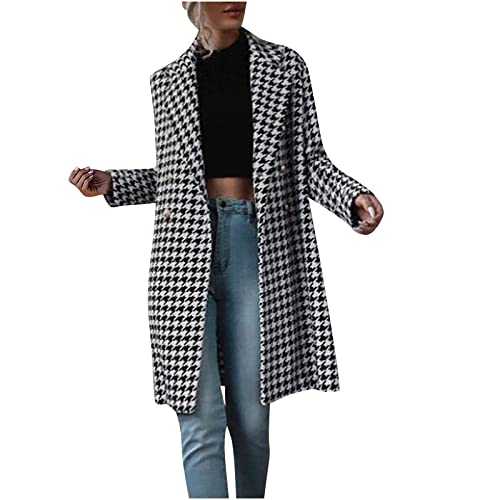Plaid Trench Coat for Women Checked Houndstooth Overcoat Lapel Double Breasted Longline Sale Clearance Ladies Winter Outwear for Work Office UK 8-16
