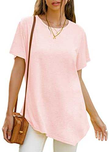 Xpenyo Women Short/Long Sleeve Tops Solid Color Summer T-Shirt Long Tunic Casual Blouse Round Neck Hanky Hem Loose Tops for Ladies