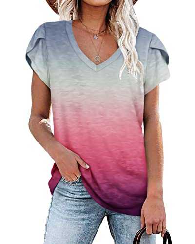 PLOKNRD Ladies Casual Tops V-Neck Petal Short Sleeve T Shirt Summer Classic Loose Tee