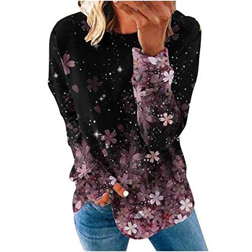 AMhomely Womens Tops Clearance Casual Long Sleeve Sweatshirt Classic Crew Neck Pullover Tops Dressy Graphic Print Loose Jumper Baggy Tunic Tee Shirts Tops Christmas